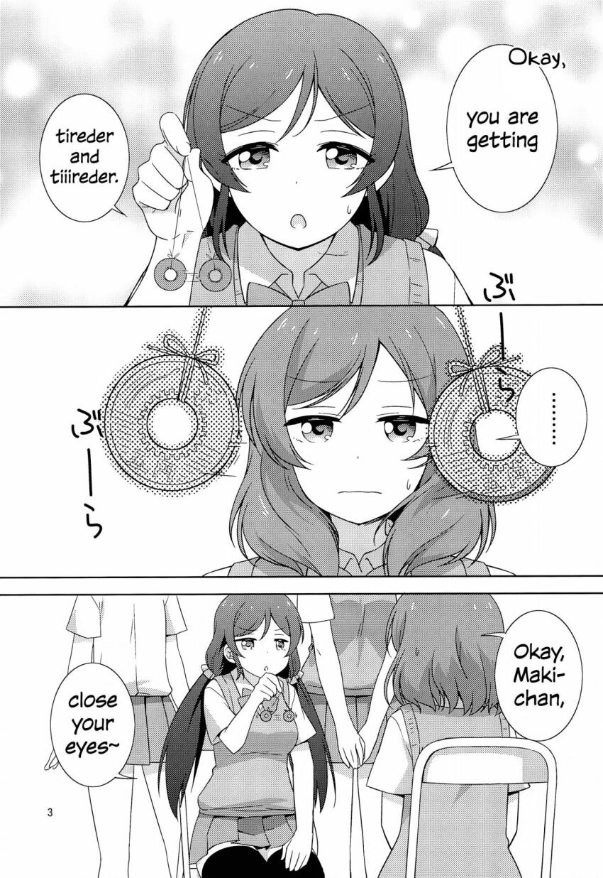 coin dialogue english_text hard_translated love_live! maki_nishikino nozomi_toujou pendulum sleep_command sleepy sweat text translated