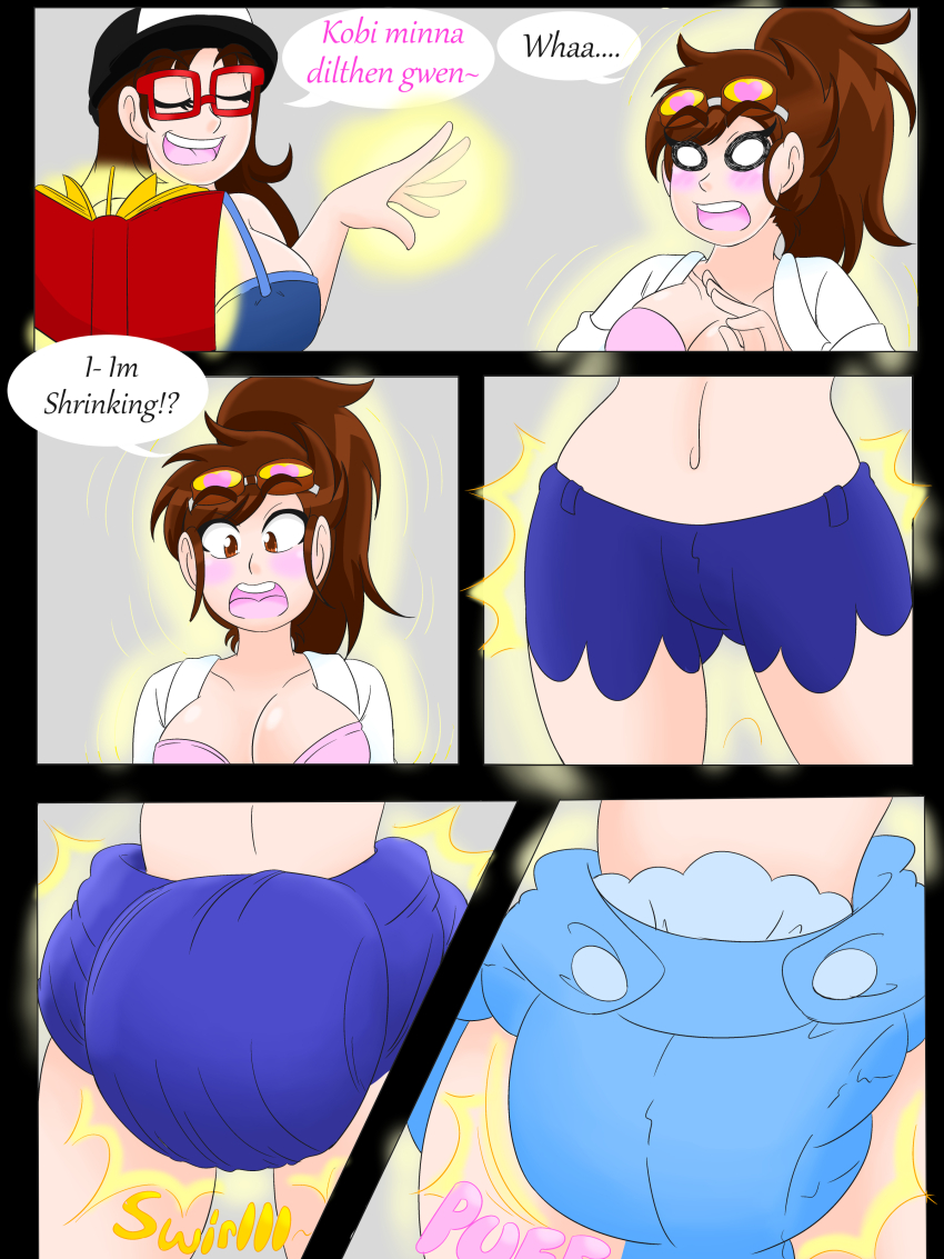 book brown_hair comic dialogue diaper glasses goggles goggles_on_head hat kobi94 large_breasts long_hair magic ponytail shrinking speech_bubble text transformation