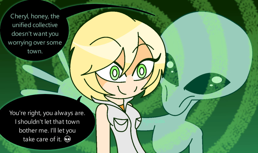 alien arms_behind_back black_eyes black_sclera blonde_hair clothed eyebrows_visible_through_hair eyelashes femsub green_background green_eyes grey_skin happy_trance heather_mason hoodie hypnoscream hypnotic_hands memory_alteration ring_background short_hair silent_hill smile text