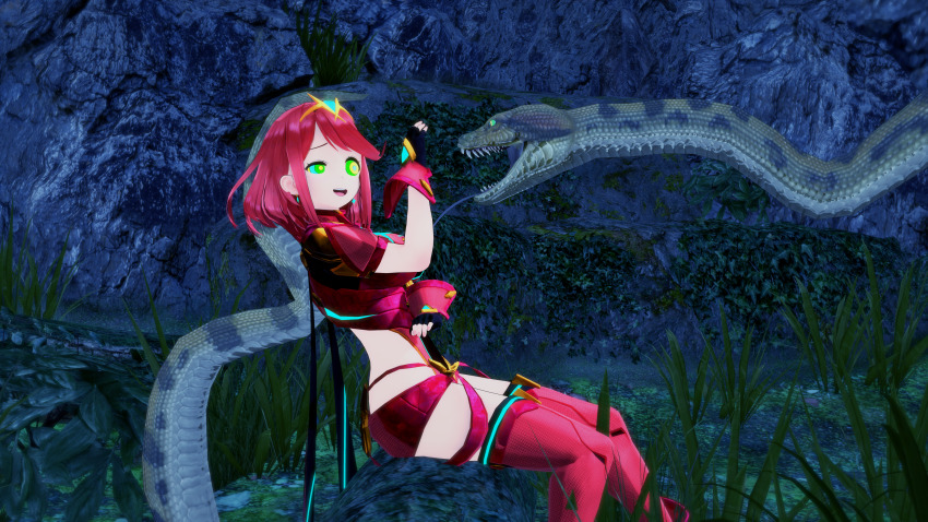 3d absurdres coils crossover disney femsub fingerless_gloves gloves happy_trance hypnotic_eyes kaa kaa_eyes koikatsu! long_tongue maledom night nintendo open_mouth outdoors petting pyra_(xenoblade) red_hair short_hair sitting snake thatguysly the_jungle_book thighhighs thighs tongue tongue_out xenoblade_chronicles xenoblade_chronicles_2