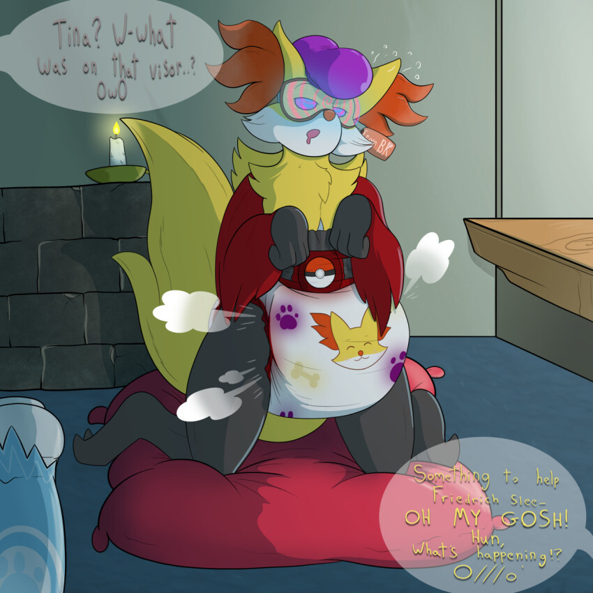 age_regression burritokitten delphox diaper empty_eyes fox_boy furry malesub nintendo open_mouth pokemon spiral_eyes visor