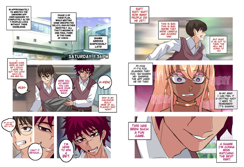 antiyuri_app aya_(antiyuri_app) bimbofication blonde_hair border brain_drain brown_hair collar dialogue earrings english_text erasethismail evil_smile eyeshadow femsub fumi_(antiyuri_app) glasses jewelry ken_(antiyuri_app) lipstick long_hair makeup maledom memory_alteration memory_lapse multiple_boys original prostitution red_eyes red_hair ruined_life scared shawn_(antiyuri_app) short_hair shrunken_irises smile speech_bubble sweat text transformation