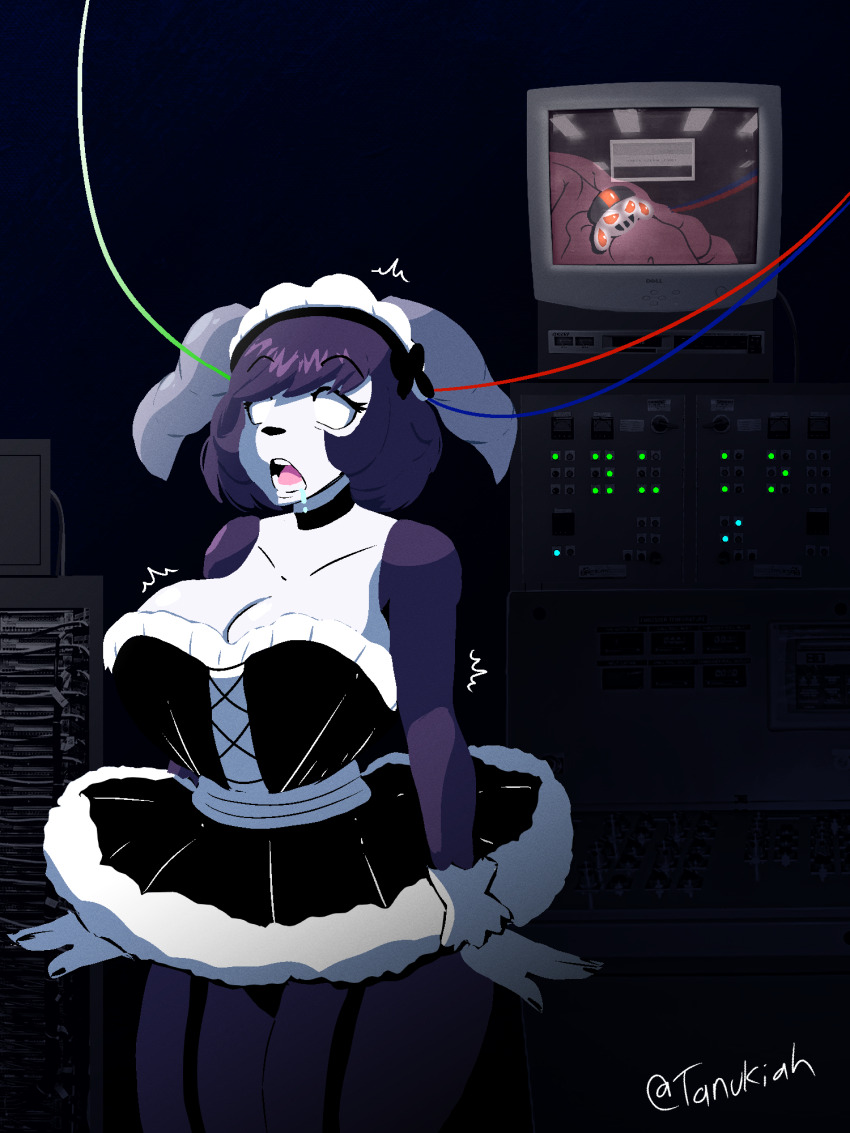 ayuko_(jcroth) bare_shoulders bow brain choker collarbone drool female_only femsub furry garter_straps horns huge_breasts indeedee maid maid_headdress microchip nintendo open_mouth original panties pokemon pokemon_(creature) purple_hair purple_skin short_hair solo surprised swirlytanuki tech_control thick_thighs tongue tv white_skin whitewash_eyes wires