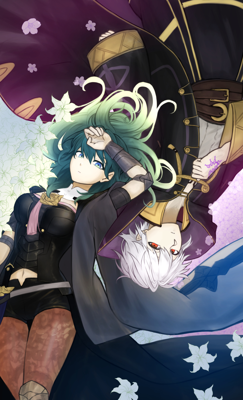 absurdres blue_eyes body_markings breasts byleth_eisner clothed coat corruption elf_ears expressionless eye_color_change femdom femsub fire_emblem fire_emblem_awakening fire_emblem_heroes fire_emblem_three_houses flower green_hair grima_(fire_emblem_awakening) hair_color_change long_hair looking_at_viewer lying malesub midriff multicolored_hair navel nintendo possession red_eyes robin_(fire_emblem_awakening) short_hair sothis_(fire_emblem_three_houses) tattoo white_hair zuzu_(ywpd8853)