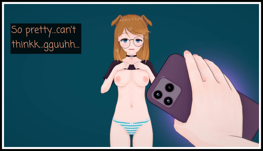 3d breasts dog_ears dog_girl drool english_text hypnotic_app koikatsu! lizzy_(hypno_cutie) lunastra original phone shirt_lift sleepy text