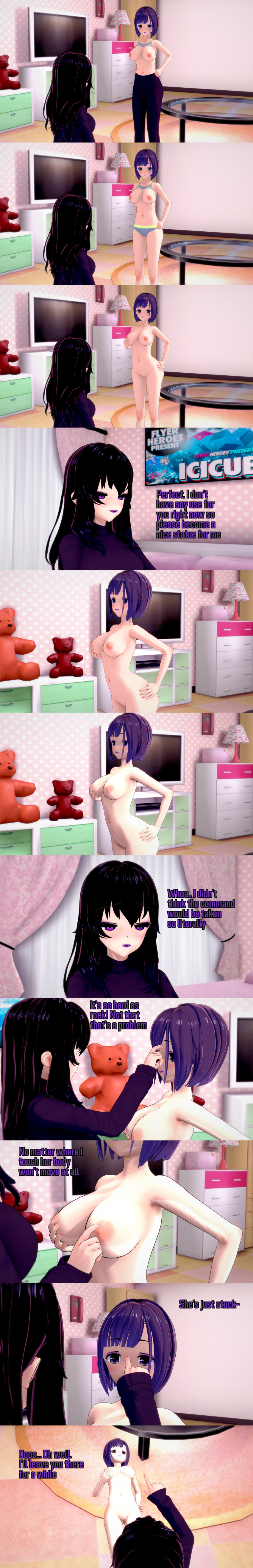 absurdres black_hair breasts clothed dialogue english_text female_only femdom femsub lia_(ophelia's_dollhouse) long_hair multiple_girls nipples nude ophelia's_dollhouse ophelia_(ophelia's_dollhouse) petrification posing purple_eyes purple_hair pussy short_hair sports_bra sports_briefs statue text undressing zenin1