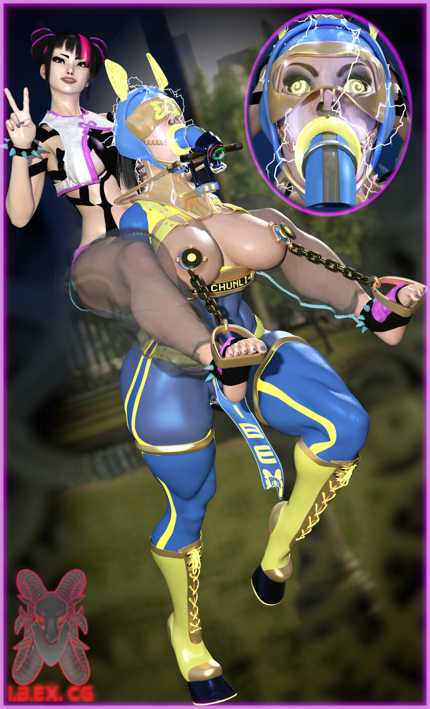 3d barefoot bondage boots capcom chun-li crossed_eyes electricity exposed_chest female_only femdom femsub humiliation ibex-cg juri_han large_lips nipple_piercing piercing pony_play spiral_eyes street_fighter tagme visor