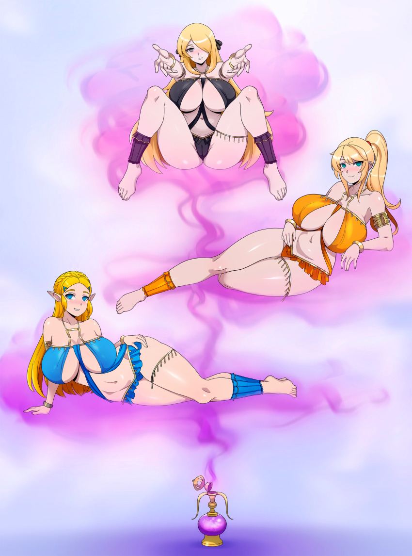 absurdres barefoot blonde_hair blue_eyes blush bracelet breasts breath_of_the_wild cynthia elf_ears empty_eyes female_only femsub genie grey_eyes hair_covering_one_eye happy_trance harem_outfit large_breasts lying metroid_(series) mole multiple_girls multiple_subs navel nintendo pokemon pokemon_diamond_pearl_and_platinum ponytail princess_zelda samus_aran shinzu smile spread_legs the_legend_of_zelda very_long_hair