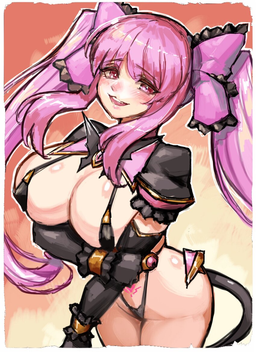 blush bow cherry_(ts_mahou_shoujo_nao!) clothed_exposure crotch_tattoo cuffs femsub gloves gradient_background jewelry large_breasts looking_at_viewer opera_gloves pink_eyes pink_hair shooow17 simple_background slave_gear_(ts_mahou_shoujo_nao!) sling_bikini smile tail tattoo thick_thighs ts_mahou_shoujo_nao! twintails wide_hips yellow_background