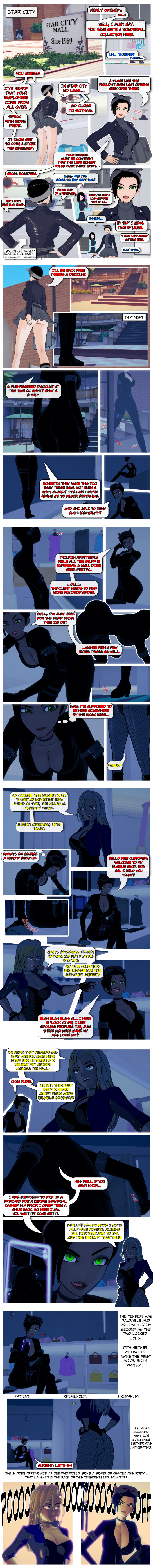 absurdres aware black_canary black_hair blonde_hair blue_eyes catwoman choker clothed dc_comics dialogue dogdog english_text female_only fishnets green_eyes multiple_girls short_hair skirt text