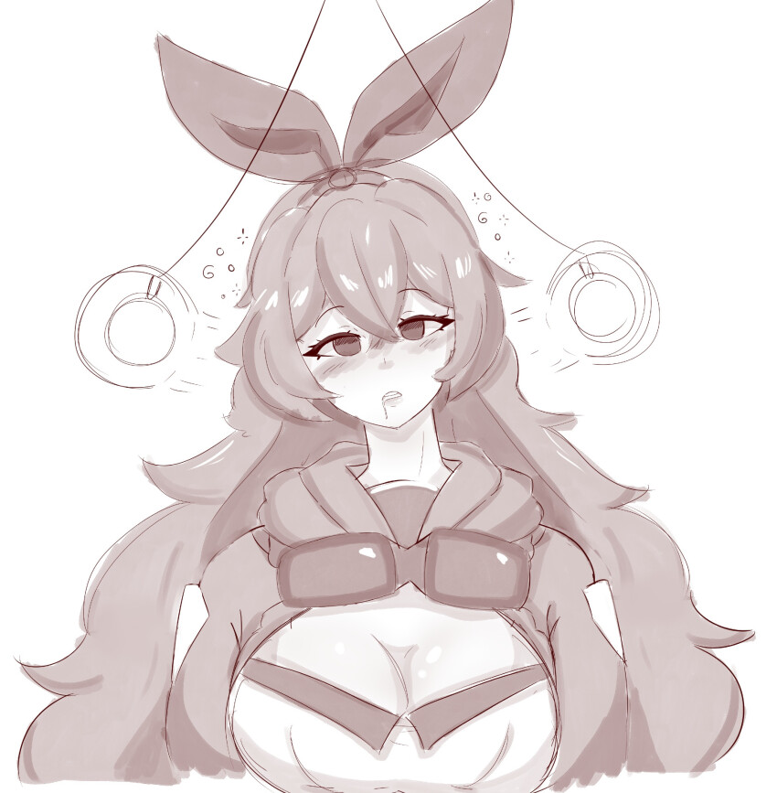 a_singular_fish amber_(genshin_impact) blush cleavage cleavage_cutout clothed coin drool empty_eyes eyebrows_visible_through_hair female_only femsub genshin_impact hair_ribbon hoodie large_breasts long_hair looking_at_viewer open_mouth pendulum ribbon simple_background solo sunglasses white_background