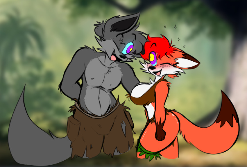 ass blush breasts bulge davidthewolfx10 davilling_(davidthewolfx10) femsub fox_girl furry grey_skin janneth_(davidthewolfx10) jungle loincloth maledom one_eye_open orange_skin original pants red_hair resisting ring_eyes seductive_smile smile thighhighs wolf_boy