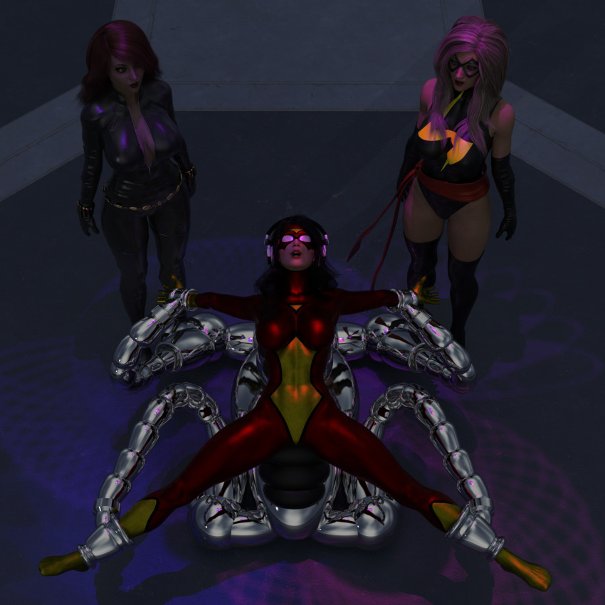 3d belt black_hair black_widow blonde_hair bodysuit boots breasts carol_danvers cleavage corruption eye_mask eyeshadow female_only femdom femsub gloves headphones hypnotized_dom jessica_drew large_breasts lipstick long_hair makeup marvel_comics member9 ms._marvel multiple_girls multiple_subs natasha_romanoff open_mouth opera_gloves red_hair red_lipstick restrained spider-man_(series) spider-woman spiral spread_legs tech_control thigh_boots thighhighs zipper