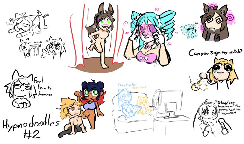 accidental_hypnosis ahoge all_fours androgynous_dom androgynous_sub angry bare_legs bare_shoulders barefoot black_eyes black_hair blonde_hair blue_hair blush bottomless breasts brown_hair character_request chicken_dance chicken_pose choker copyright_request couch dancing dialogue drool english_text expressionless feet green_eyes happy_trance hypnotic_accessory hypnotic_clothing hypnotic_screen kneeling legs long_hair lying midriff mirror multicolored_hair multiple_girls multiple_methods_of_hypnosis multiple_subs navel nude orange_hair pendulum pet_play reflection ring_eyes short_hair simple_background sitting skecchyartist spiral stage_hypnosis symbol tagme tail tears text thighhighs topless turning_the_tables unhappy_trance very_long_hair visor white_background