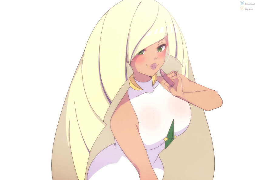 bimbofication blonde_hair blush breasts dress female_only femsub gojulas green_eyes happy_trance hypnovember jewelry lipstick looking_at_viewer lusamine makeup necklace nintendo pokemon pokemon_sun_and_moon simple_background smile solo tight_clothing very_long_hair white_background