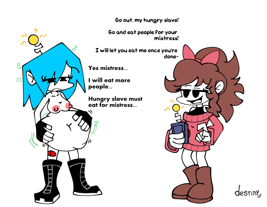 antenna brown_hair cyan_hair destiny_(destinyagressor) english_text female_only femdom femsub friday_night_funkin&#039; nusky_(skyverse) remote_control skyverse soft_girlfriend tech_control text vore white_skin