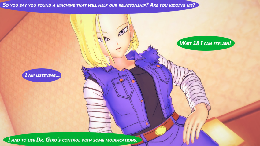 android_18 blonde_hair blue_eyes dragon_ball earrings hand_on_hip krillin lovedeath39 remote_control short_hair text