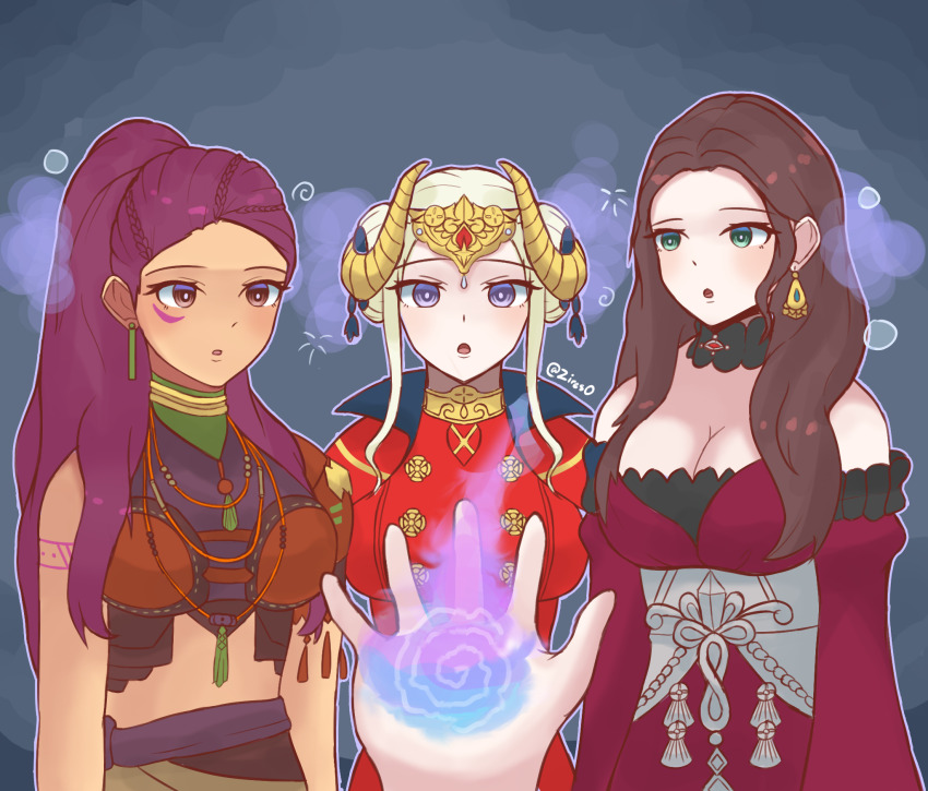 ambiguous_pov androgynous_dom bare_shoulders breasts brown_eyes brown_hair cleavage clothed dorothea_arnault dress earrings edelgard_von_hresvelg facial_markings femsub fire_emblem fire_emblem_three_houses green_eyes hair_ornament harem horns hypnotic_smoke jewelry long_hair nintendo petra_macneary pov pov_dom purple_eyes purple_hair smoke spiral standing standing_at_attention symbol tagme white_hair zires