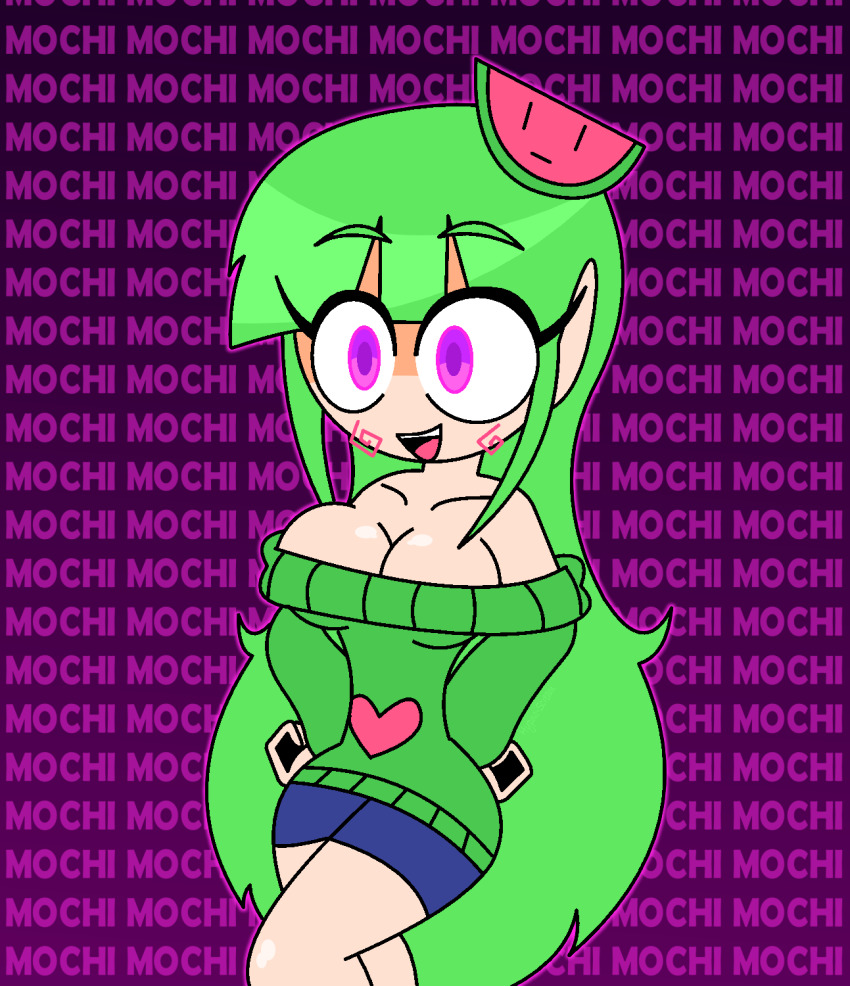 bare_shoulders blush chicken_pose cleavage crossed_legs eyebrows_visible_through_hair eyelashes female_only femsub glowing_eyes green_hair hair_ornament happy_trance hourglass_figure hypnoscream large_breasts legs long_hair mantra mochi_dance nintendo open_mouth pokemon pokemon_scarlet_and_violet purple_eyes shorts smile solo sweater text vannamelon virtual_youtuber wide_hips