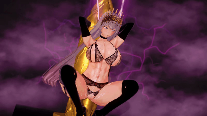 3d abs animated animated_gif armpits arms_above_head blue_eyes blush brain_injection cables cleavage crotch_cutout crown electricity empty_eyes erect_nipples eye_roll fate/grand_order fate_(series) female_only femsub garter_belt garter_straps gloves grey_hair huge_breasts hypnotic_gas koikatsu! muscle_girl navel nipple_cutout nipples open_mouth opera_gloves orgasm pubic_hair pussy pussy_juice shoes socks solo spread_legs squatting squirting sweat thighhighs trembling very_long_hair wires yamaryou zenobia_(fate)