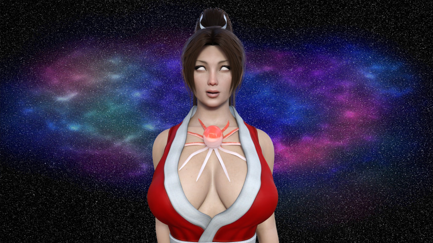 3d absurdres bare_shoulders breasts brown_hair cleavage expressionless fatal_fury female_only femsub king_of_fighters large_breasts mai_shiranui open_mouth parasite ponytail renex1206 solo whitewash_eyes