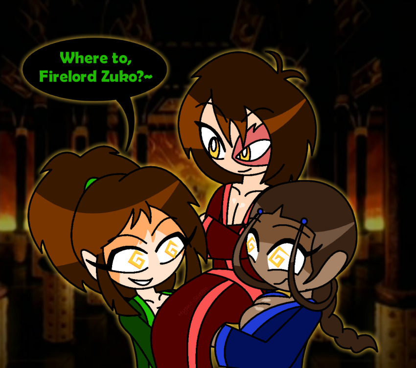 aged_up ahoge alternate_costume aura avatar_the_last_airbender braid brown_hair carrying cleavage collarbone complex_background eyebrows_visible_through_hair femsub happy_trance harem hypnoscream jin katara kimono large_breasts maledom multiple_girls multiple_subs scar shiny_hair shiny_skin short_hair smile speech_bubble spiral_eyes text tied_hair yellow_eyes zuko