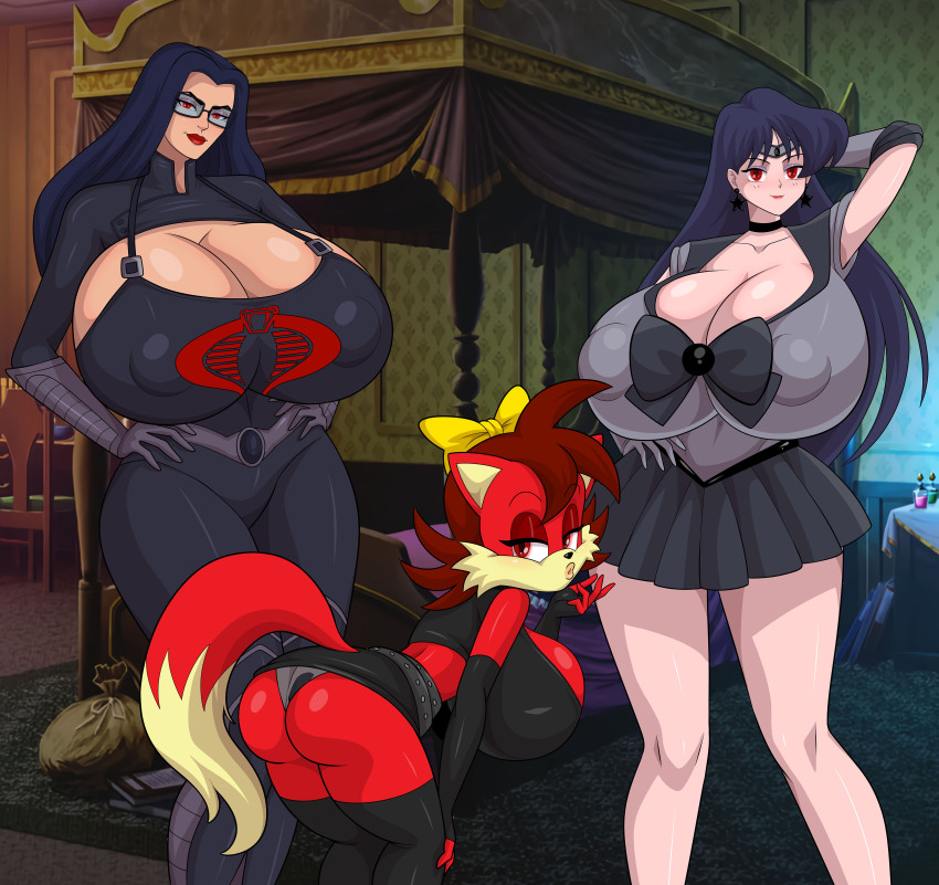 arabatos bare_shoulders black_hair brown_hair cleavage corruption crossover earrings evil_smile eyeshadow fiona_fox fox_girl furry g.i._joe glowing_eyes huge_ass huge_breasts long_hair opera_gloves panties pink_lipstick red_eyes red_hair red_lipstick sailor_mars sailor_moon_(series) short_hair short_skirt sonic_the_hedgehog_(series) the_baroness thighhighs tight_clothing