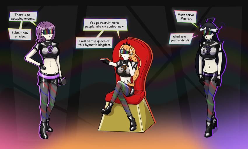 absurdres ahoge albedo_(overlord) alternate_costume black_hair breasts chair character_request clothed crossed_legs crossover dialogue english_text female_only femsub gloves hand_on_hip high_heels horns hy2300 large_breasts long_hair midriff multiple_girls multiple_subs navel orange_hair original overlord priscilla_barielle purple_hair re:zero_starting_life_in_another_world shoes sitting speech_bubble standing succubus text very_long_hair visor