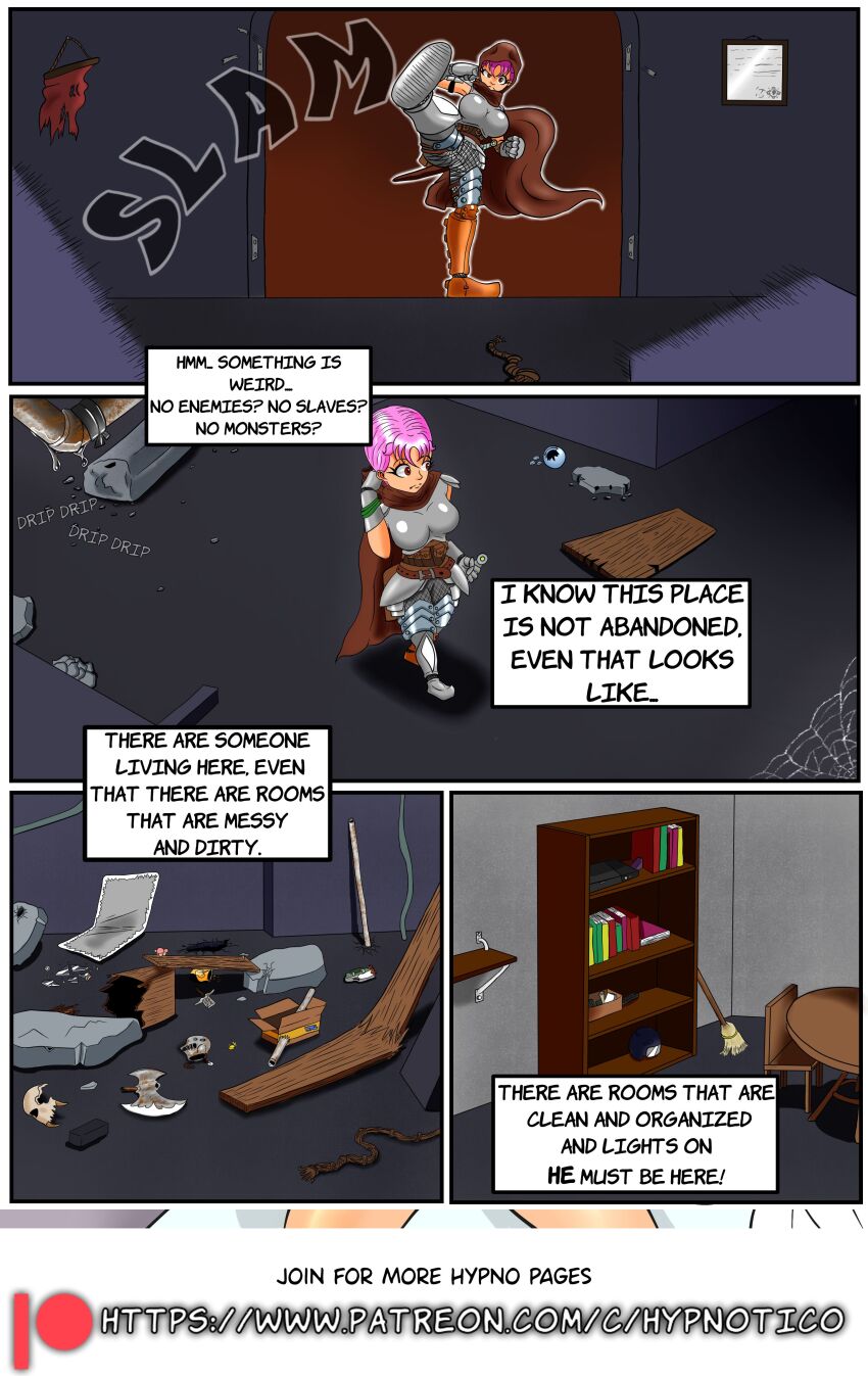 aiko_hajime_shin armor cape comic how_i_became_my_masters_slave hypnotico pink_hair speech_bubble story text