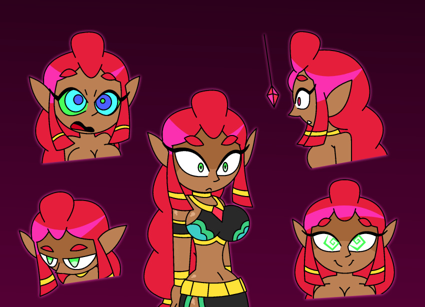 aged_up arm_bands bare_shoulders belt bracelet braid breath_of_the_wild choker crop_top crystal dark_skin elf_ears eyebrows_visible_through_hair eyelashes female_only femsub gerudo gradient_background green_eyes happy_trance hourglass_figure hypnoscream kaa_eyes large_breasts makeela_riju multiple_methods_of_hypnosis navel nintendo no_panties nude open_mouth pov red_background red_eyes red_hair shiny_hair shiny_skin shrunken_irises simple_background skirt smile spiral_eyes surprised tears_of_the_kingdom the_legend_of_zelda very_long_hair wide_hips