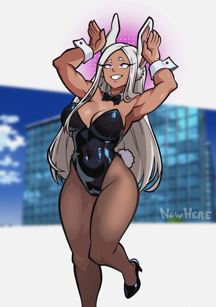 bunny_ears bunny_girl bunnysuit dark_skin femsub happy_trance high_heels long_hair my_hero_academia nowhere pink_eyes rumi_usagiyama smile white_hair