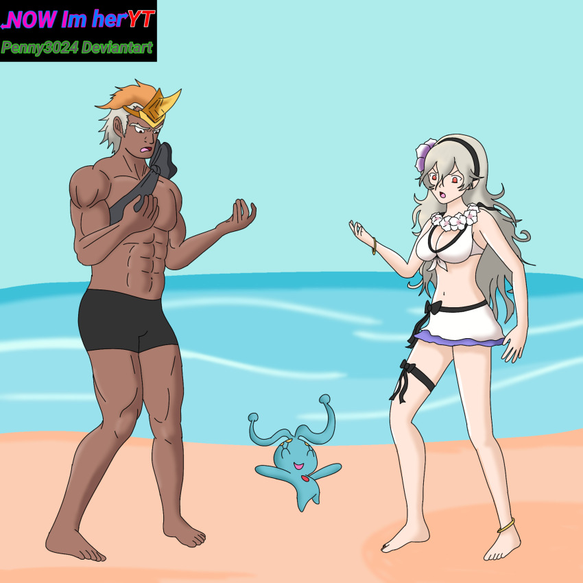 abs alternate_costume androgynous_dom bare_legs bare_shoulders barefoot beach bikini bikini_bottom bikini_top body_swap breasts closed_eyes corrin_(fire_emblem) crossover dark_skin elf_ears english_text femsub fire_emblem fire_emblem_fates fire_emblem_heroes flower flower_in_hair helbindi_(fire_emblem) legs long_hair malesub manaphy midriff navel nintendo open_mouth outdoors penny3024 pokemon pokemon_(creature) pokemon_diamond_pearl_and_platinum red_eyes short_hair shorts smile surprised swimsuit text water white_hair yellow_eyes