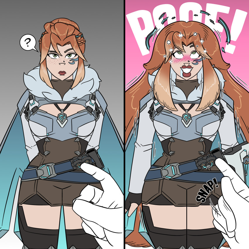 absurdres alternate_hairstyle arms_behind_back before_and_after blush braid cape drool eye_roll face_paint female_only femsub freckles freja_(overwatch) gradient_background green_eyes hair_growth happy_trance instant_loss large_hips light_skin lipstick maggotmike makeup multicolored_hair nose_piercing overwatch pov_dom red_lipstick single_hair_bun smile standing standing_at_attention tattoo text thighhighs very_long_hair