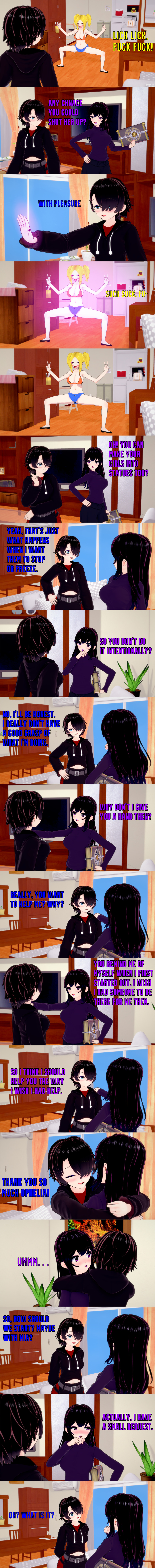 absurdres black_hair blonde_hair blue_eyes blush book brown_eyes closed_eyes clothed dialogue double_v english_text eye_roll female_only femdom femsub hair_covering_one_eye hug jean_shorts jeans kurai_(witch) long_hair mad_jacks makeup mia_(witch) multiple_doms multiple_girls open_mouth ophelia's_dollhouse ophelia_(ophelia's_dollhouse) petrification purple_eyes short_hair shorts statue text tongue tongue_out v witch_(mad_jacks)