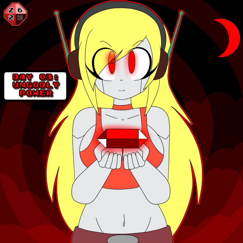 antenna aura belt blonde_hair cave_story choker collarbone corruption curly_brace eyelashes female_only femsub glowing_eyes hair_covering_one_eye headphones hypnovember large_breasts long_hair looking_at_viewer midriff navel red_eyes robot robot_girl signature smug solo spiral_background tagme tank_top text zombi62