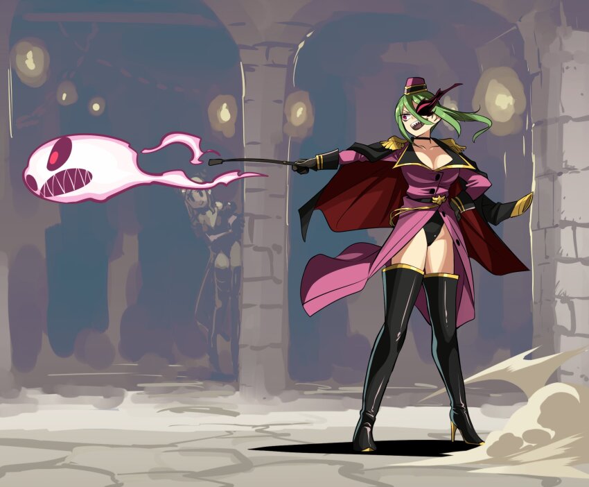 alternate_costume alternate_hairstyle beret black_eyes black_sclera boots character_request choker cleavage clothed complex_background control_indicator corruption demons_plan_something_good! femsub green_hair hand_on_hip high_heels isiyumi large_breasts leaning_forward long_hair open_clothes open_mouth possession red_eyes sharp_teeth short_hair slit_pupils smile standing tagme thigh_boots thighs whip