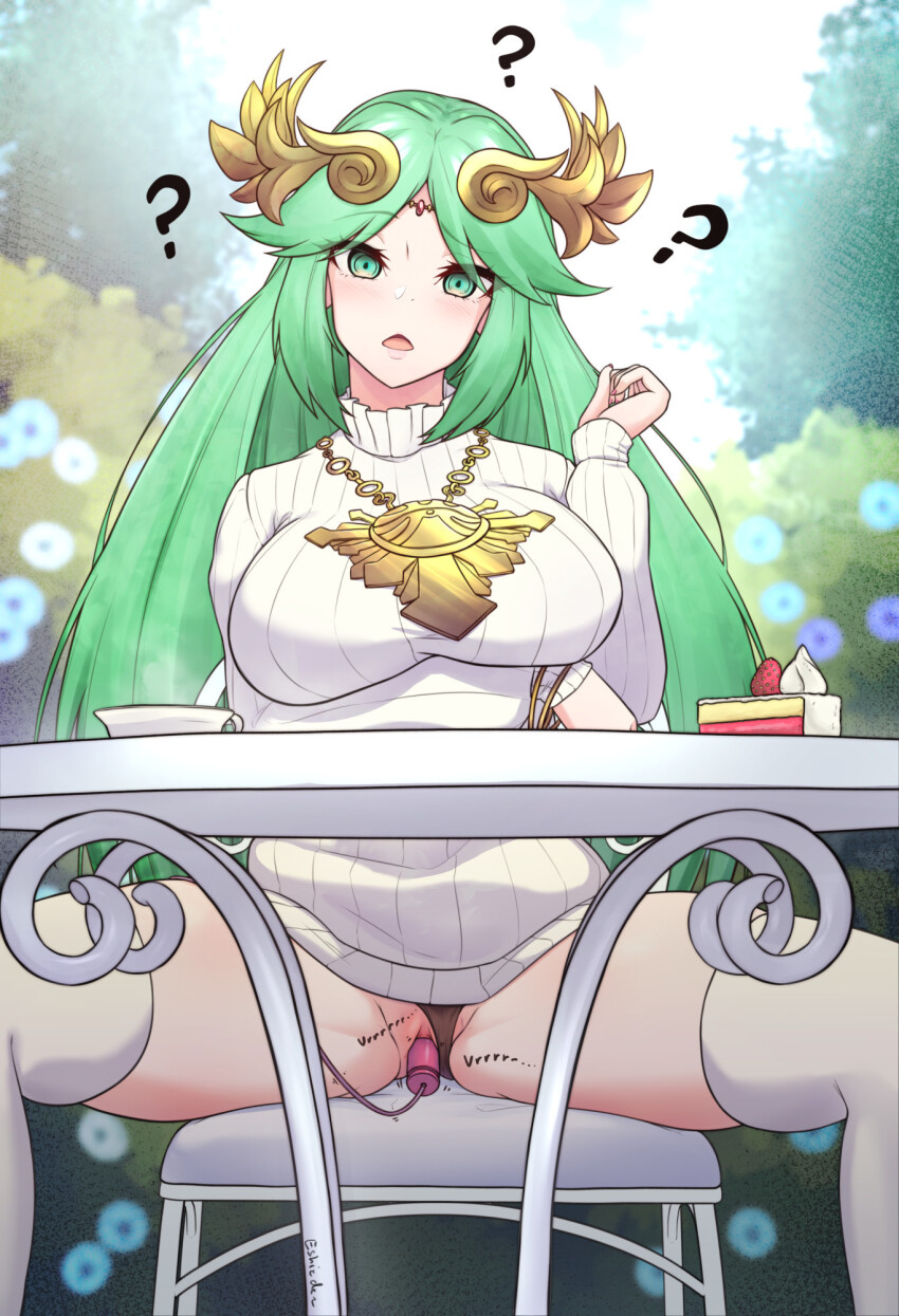 breasts cake chair clothed confused crown empty_eyes eshie exhibitionism female_only femsub food goddess green_eyes green_hair jewelry kid_icarus large_breasts looking_at_viewer necklace nintendo open_clothes open_mouth palutena sex_toy sitting spread_legs sweater table thighhighs under_table very_long_hair vibrator