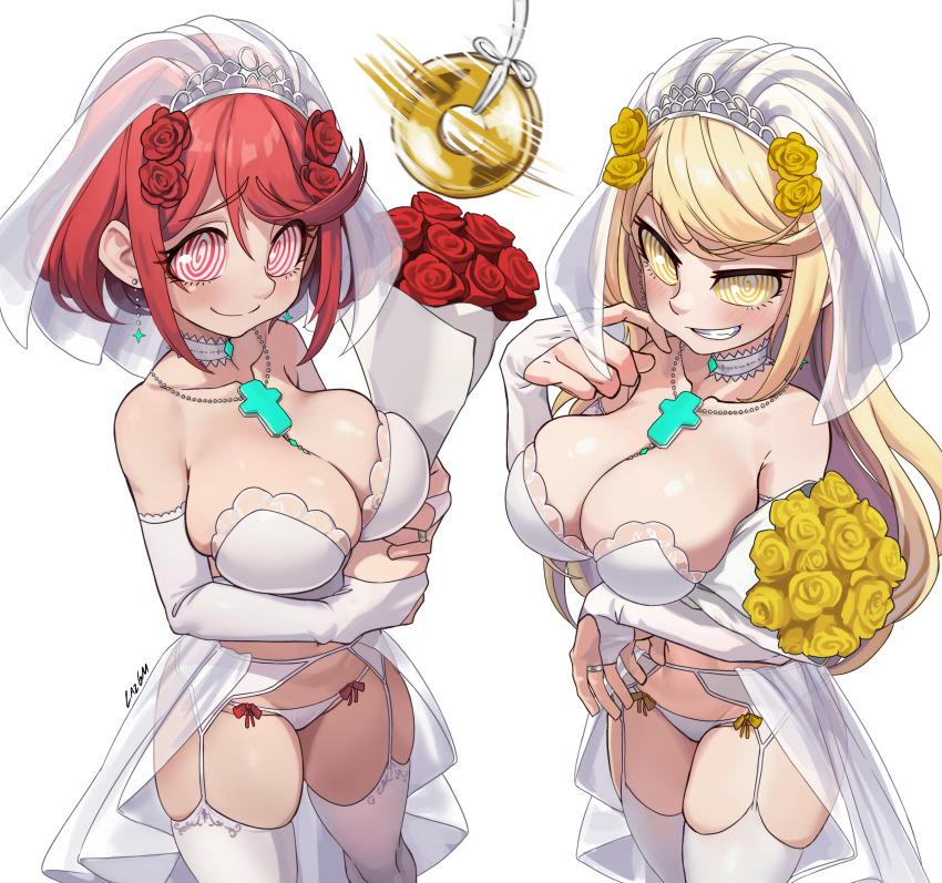 blonde_hair breasts bridal_veil cleavage coin female_only femsub flower happy_trance large_breasts lazgm lingerie long_hair multiple_girls multiple_subs mythra_(xenoblade) nintendo pendulum pyra_(xenoblade) red_hair short_hair signature spiral_eyes spiralwash_eyes thighhighs wedding_dress white_background xenoblade_chronicles xenoblade_chronicles_2