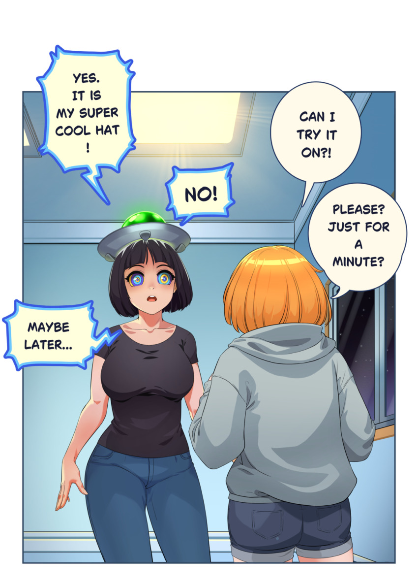bangs black_hair chien_vietnam clothed comic english_text female_only femsub hoodie jeans multiple_girls orange_hair original ring_eyes shirt short_hair speech_bubble standing text ufo ufo_hat