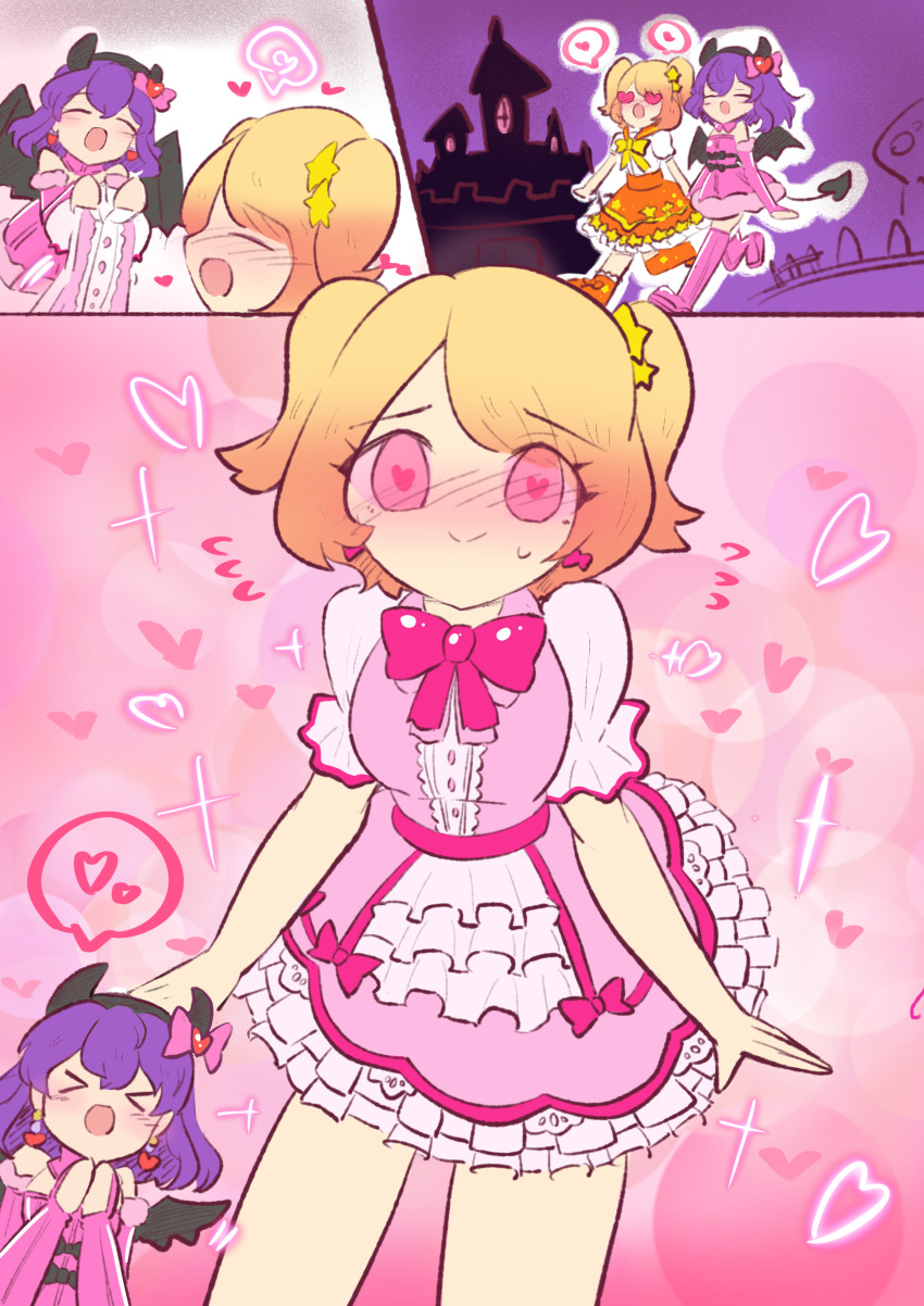 absurdres avaritia bare_shoulders blush boots bow bqad28 charm_(spell) closed_eyes clothed comic demon demon_girl dress earrings embarrassed empty_eyes eye_color_change eyebrows_visible_through_hair faceless female_only femdom femsub fingerless_gloves gloves hair_ornament happy_trance heart horns hypnotic_magic loli love magic multiple_girls open_mouth opera_gloves orange_hair otocadoll pink_background pink_eyes purple_hair right_to_left short_hair simple_background smile sparkle speech_bubble spiral_eyes succubus sunny_(otocadoll) symbol_in_eyes thigh_boots twintails wholesome wings yuri