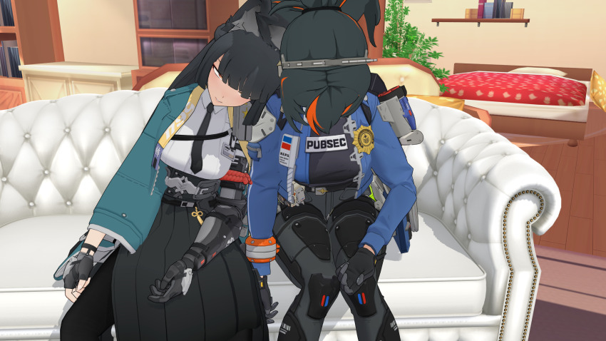 3d airmotor animal_ears bangs belt black_hair breasts clothed couch crossed_eyes dazed dress_shirt female_only femsub fingerless_gloves fox_ears fox_girl gloves hair_band hair_ornament hoshimi_miyabi jacket knee_pads knees_together limp mmd multicolored_hair multiple_girls multiple_subs open_mouth pants pantyhose police_uniform policewoman ponytail prosthetic_limb red_eyes red_hair skirt slouching spread_legs straight-cut_bangs thick_thighs thighs tie tight_clothing upskirt whitewash_eyes zenless_zone_zero zhu_yuan