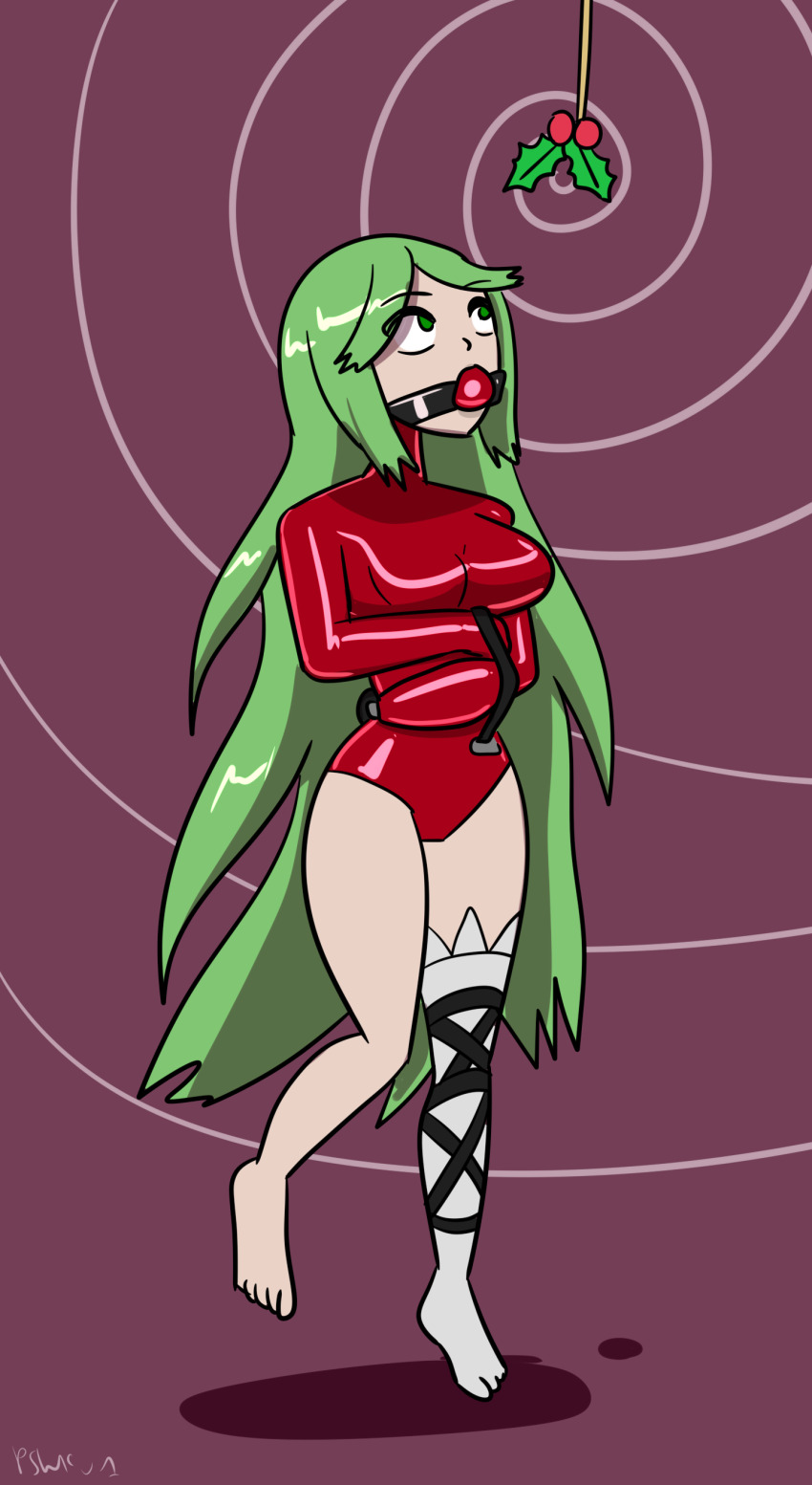 ball_gag barefoot bondage cangkulretak christmas female_only femsub gag goddess green_hair kid_icarus latex leggings long_hair mistletoe nintendo palutena purple_background restrained signature simple_background solo spiral spiral_background standing straitjacket