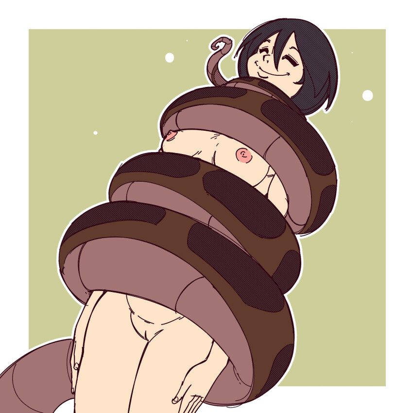 attack_on_titan black_hair border breasts closed_eyes coils disney efalabrino femsub green_background happy_trance kaa legs lying mikasa_ackerman nipples nude pussy restrained short_hair smile the_jungle_book