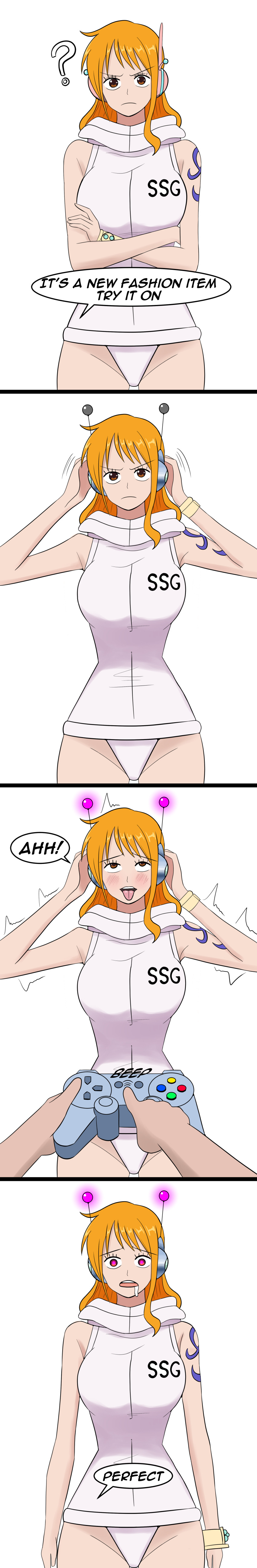 absurdres ahegao antenna blush brown_eyes clefla clothed comic confused crossed_arms dialogue drool english_text expressionless eye_roll female_only femsub game_controller hand_on_head headphones long_hair nami_(one_piece) one_piece open_mouth orange_eyes orange_hair pink_eyes pov pov_dom remote_control simple_background smile solo speech_bubble tattoo tech_control text tongue tongue_out white_background