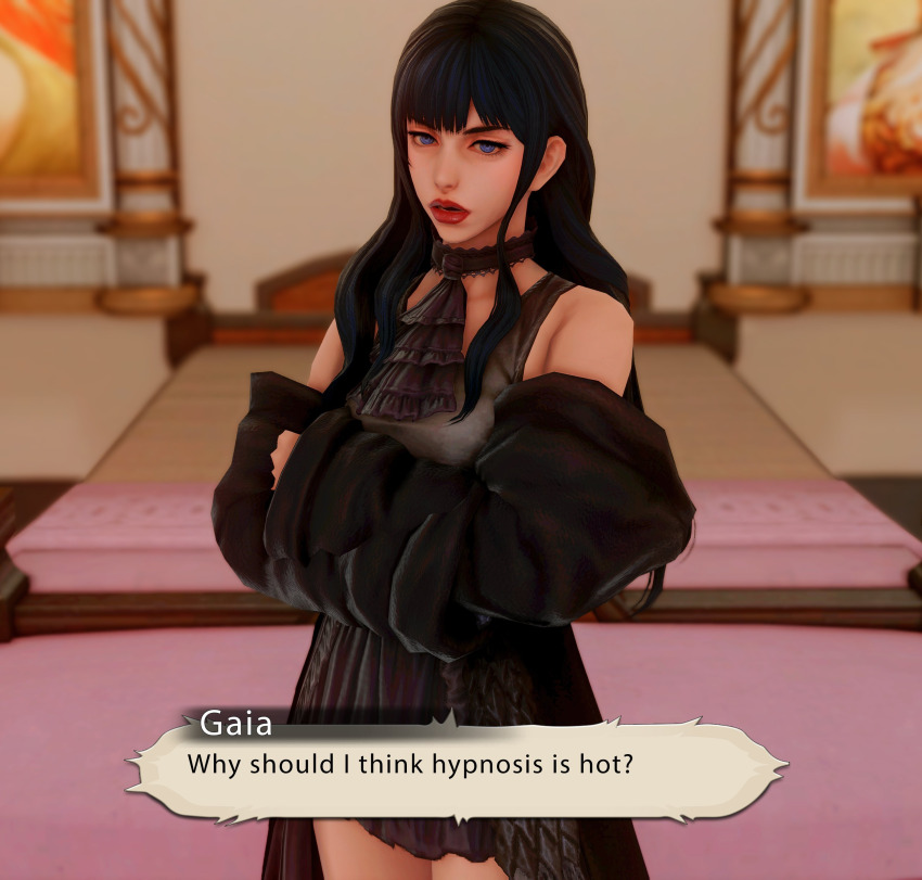 3d artiblessing_(blessinginlewd) bare_shoulders black_hair blue_eyes dialogue english_text female_only final_fantasy final_fantasy_xiv gaia_(final_fantasy_xiv) long_hair looking_at_viewer square_enix text