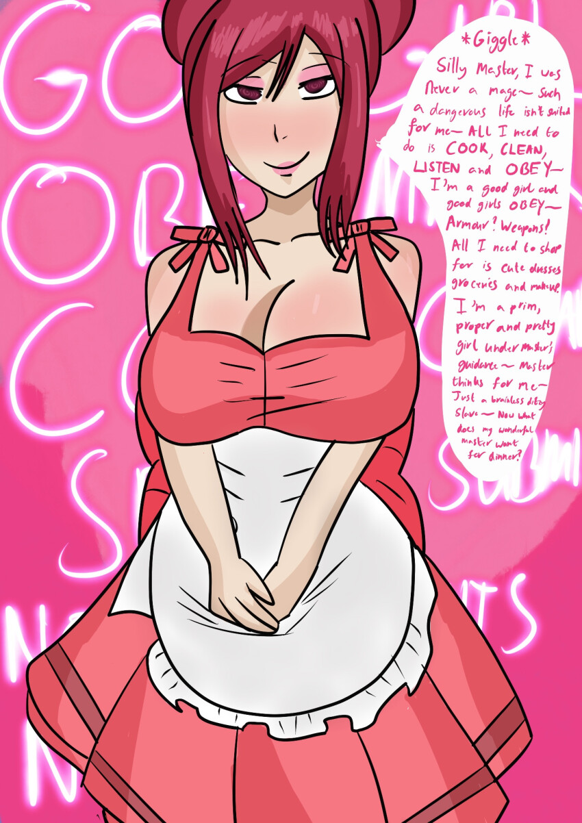 alternate_hairstyle apron beehive_hair cleavage clothed collarbone dialogue domestication dress english_text erza_scarlet eyeshadow fairy_tail female_only femsub glowing_eyes hair_buns happy_trance housewife huge_breasts lipstick looking_at_viewer makeup maledom mantra pink_lipstick red_hair shysketches smile solo speech_bubble spiral_eyes standing stepfordization text