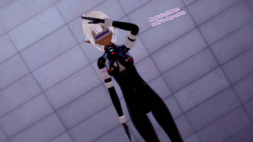 3d bodysuit clothed collar dark_skin dronification elf_ears english_text female_only femsub hypnovember latex open_mouth original robotization saluting sonrio12 standing standing_at_attention tech_control text visor white_hair