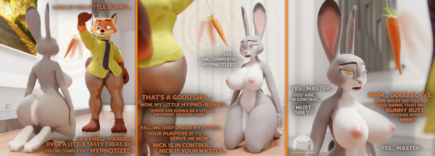 bunny_girl carrot femsub fox_boy furry judy_hopps kneeling large_breasts maledom nick_wilde orange_eyes pendulum spiral_eyes text thehypnopotamus zootopia