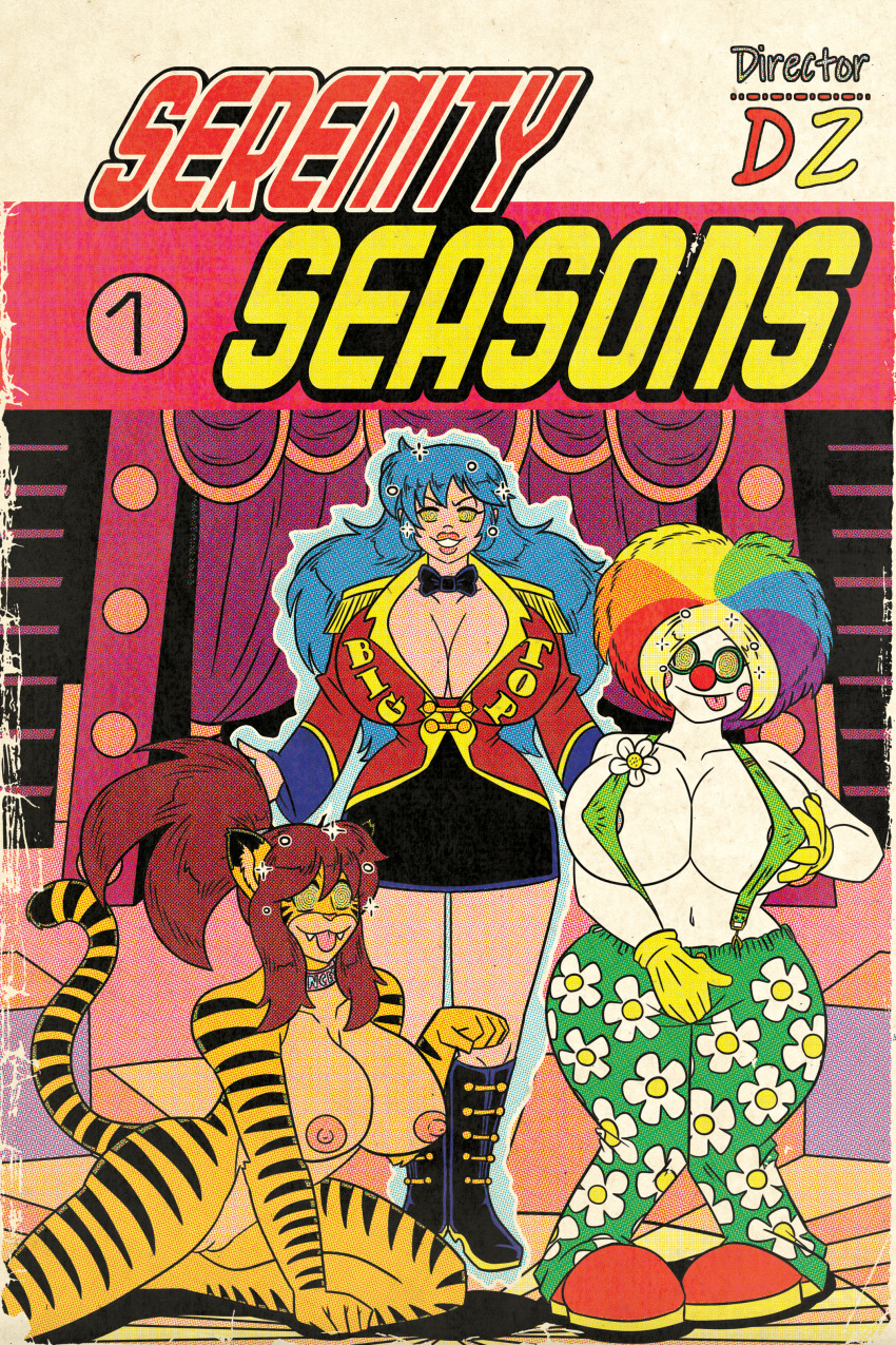 afro blue_hair breast_fondling cat_ears cat_girl cat_tail character_request clown clown_girl collar cover crotch_rub erect_nipples_under_clothes female_only femsub floating glasses large_breasts lipstick long_hair maggotmike multicolored_hair original ponytail red_hair spiralwash_eyes suspenders text tongue_out