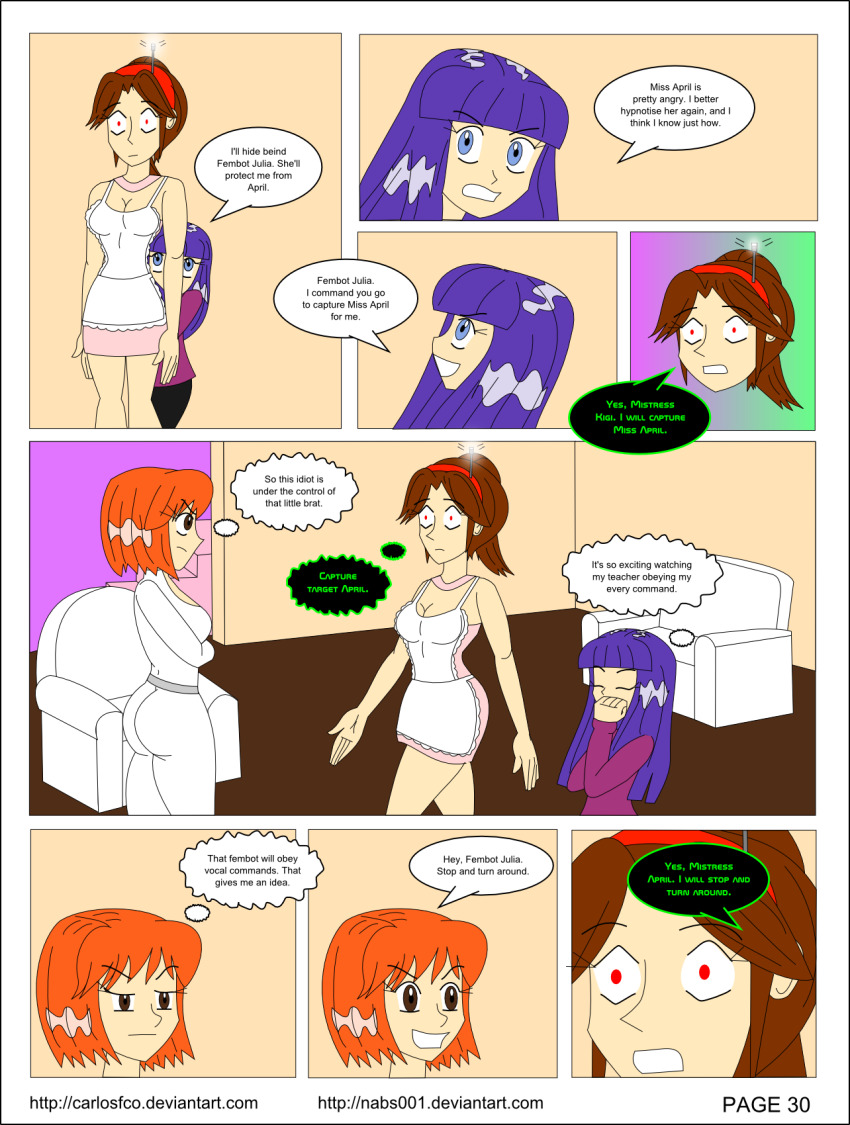 april_o&#039;neil ass brown_hair carlosfco comic dialogue fembot femdom femsub julia_(carlosfco) kigi_(carlosfco) large_breasts long_hair maid nabs001_(colorist) orange_hair original purple_hair short_hair tech_control teenage_mutant_ninja_turtles text